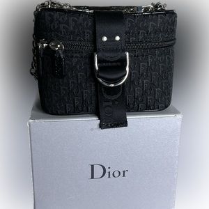 Authentic vintage Dior Logo Canvas Vanity Bag with Crossbody Chain Added.